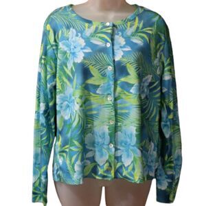 United States Sweaters Vintage Tropical Floral Cardigan Blue XL Made in USA